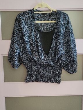 Apostrophe Black & Light Blue Abstract Wrap-Front Blouse